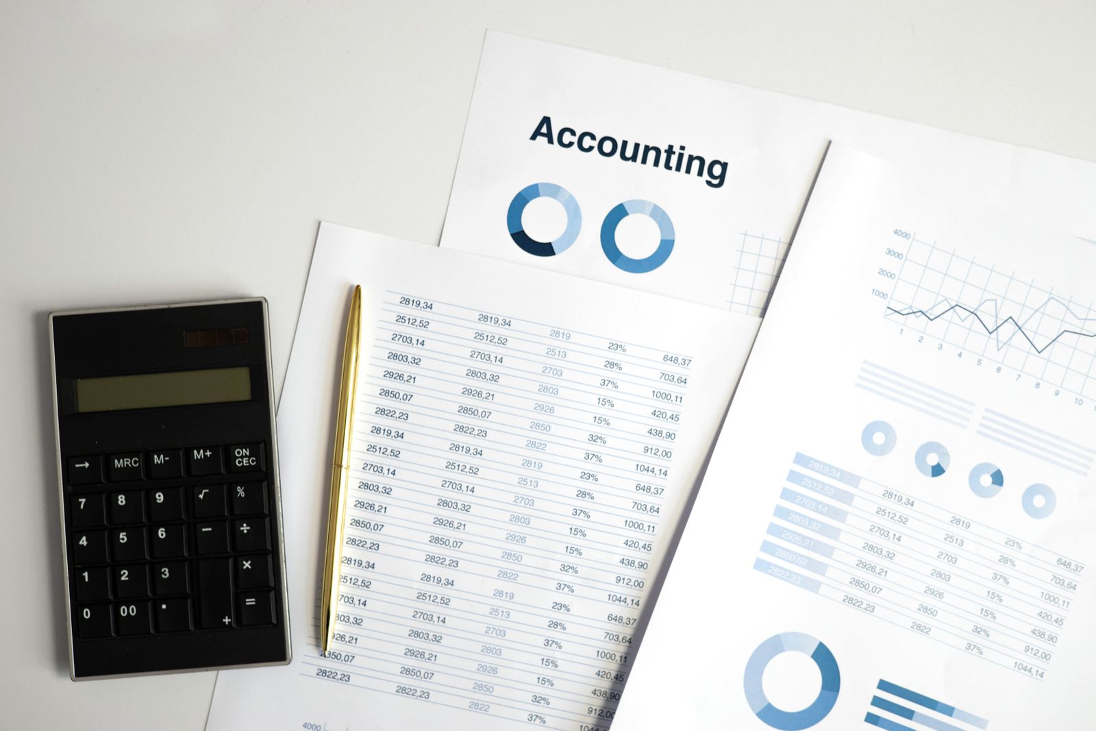 A calculator beside an accounting report showing percentage margins and charts