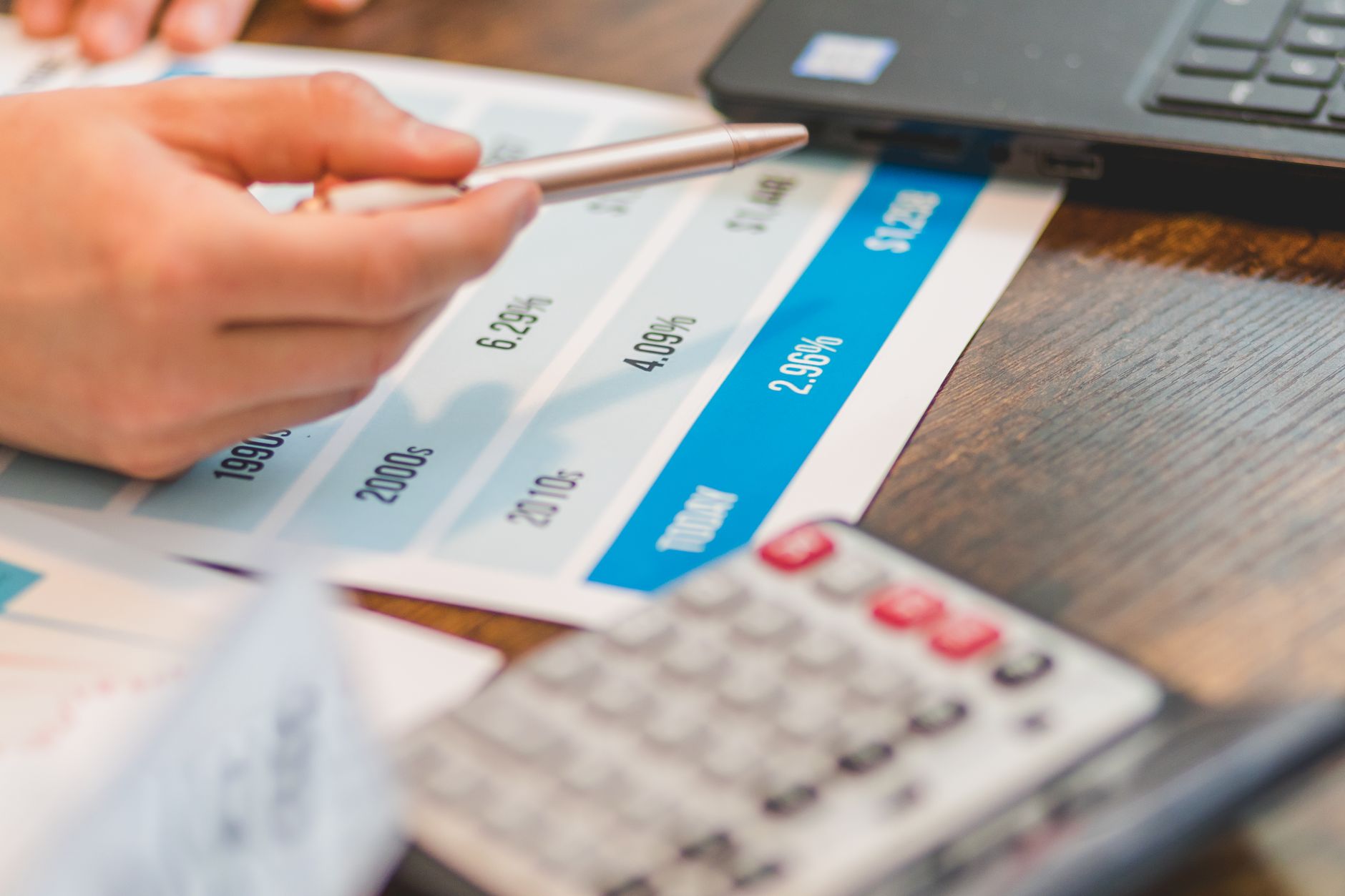 A hand using a pen and calculator to work out an effective interest rate from a percentage table
