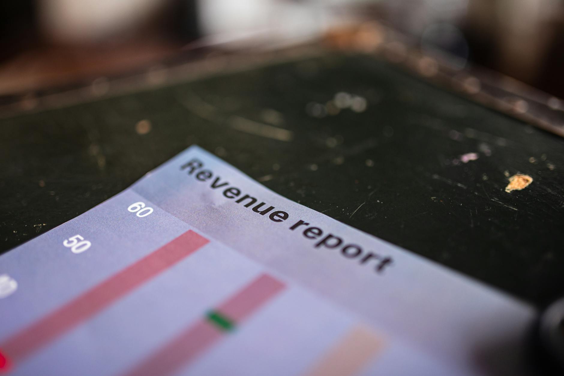 A printed revenue report with a bar chart, the growth-and-profit performance the Rule of 40 measures